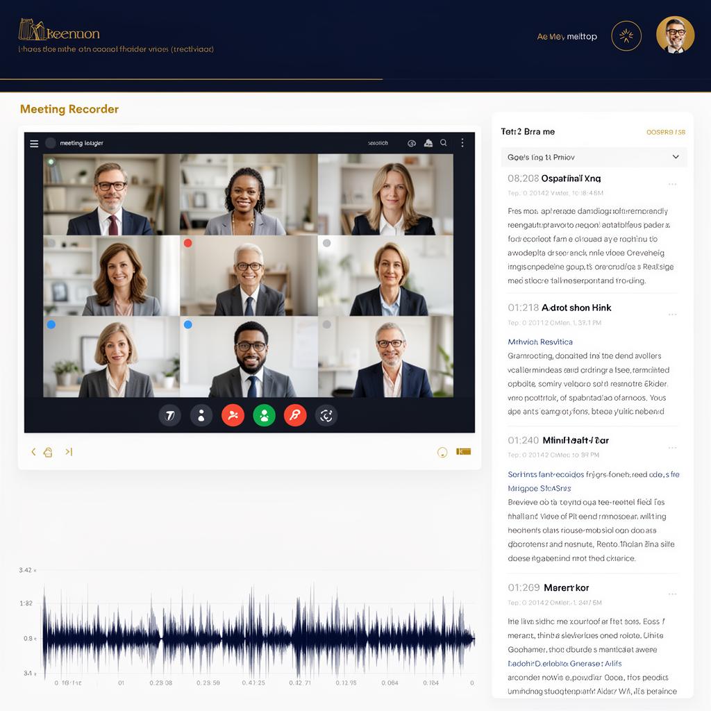 Hansard meeting recorder dashboard showing a full-fidelity video recording with live transcript and waveform